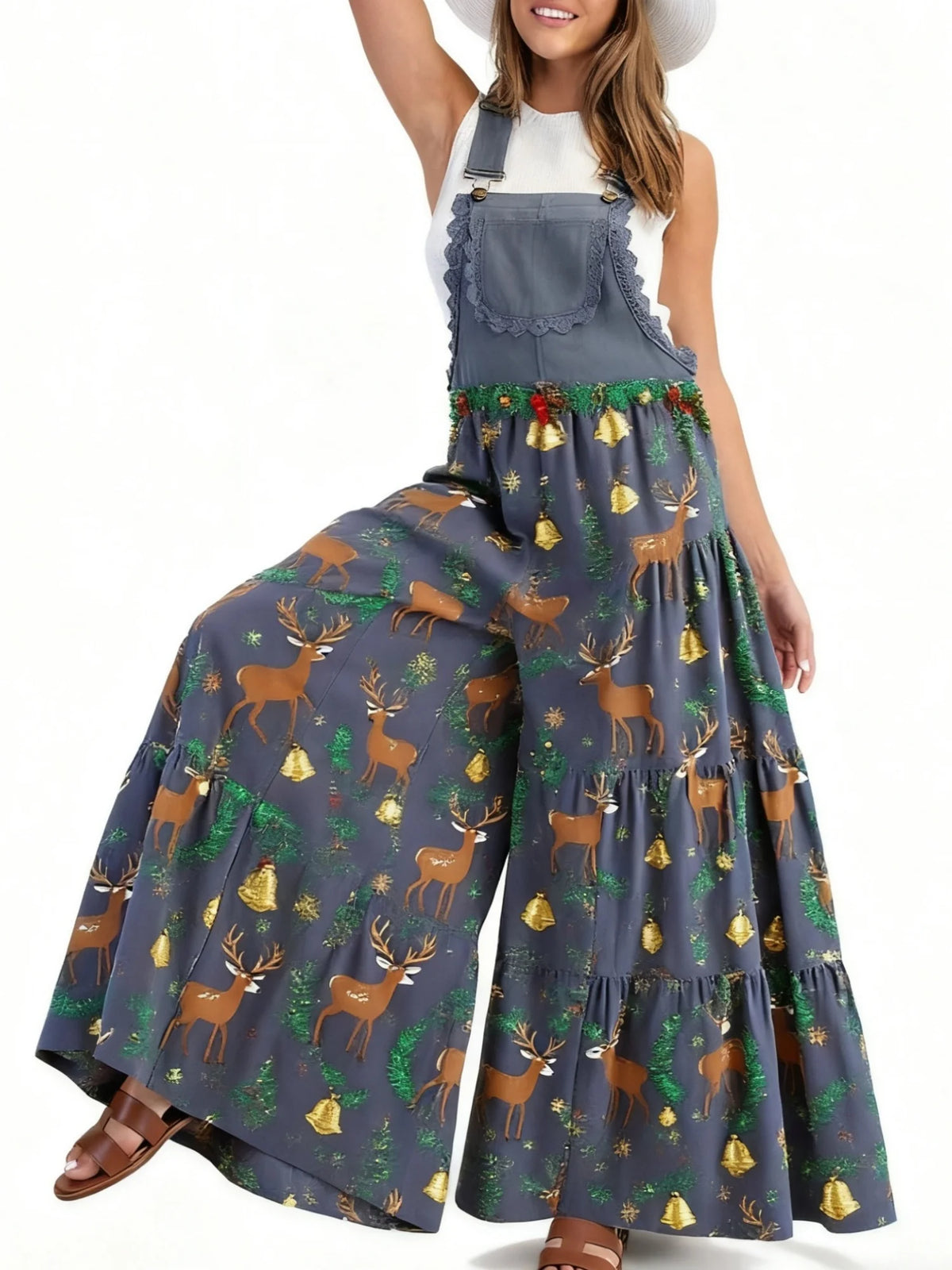 Xingqing Sexy Women Jumpsuits Christmas Themed Print Lace Patchwork Sleeveless Baggy Wide Leg Overalls Streetwear with Pocket