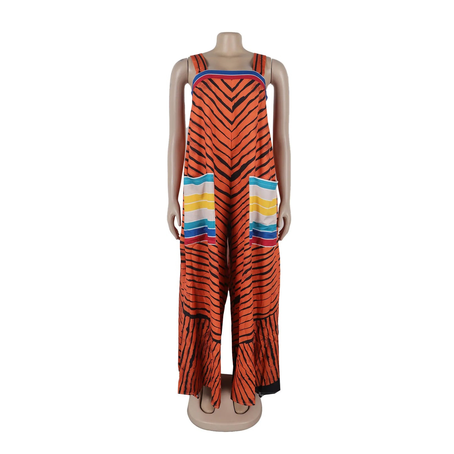 Jumpsuits Women Sling One Piece Print Striped Sleeveless Overalls Wide Leg Long Pants Loose Casual Rompers Elegant Splice