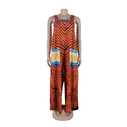 Jumpsuits Women Sling One Piece Print Striped Sleeveless Overalls Wide Leg Long Pants Loose Casual Rompers Elegant Splice