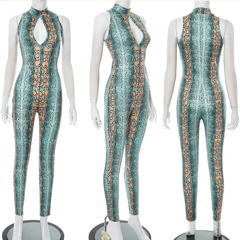 Sexy Snakes Print Jumpsuits Club Outfits for Women Sleeveless Half High Collar Hollow Out Bodycon Jumpsuit Party Rompers Female