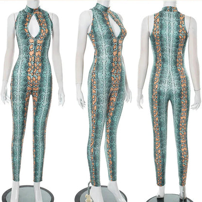 Sexy Snakes Print Jumpsuits Club Outfits for Women Sleeveless Half High Collar Hollow Out Bodycon Jumpsuit Party Rompers Female