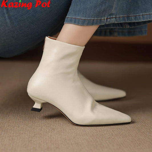 Plus Size 34-42 Genuine Leather Pointed Toe Med Heels Zipper Modern Boots Winter Autumn Shoes Concise Elegant Dress Ankle Boots