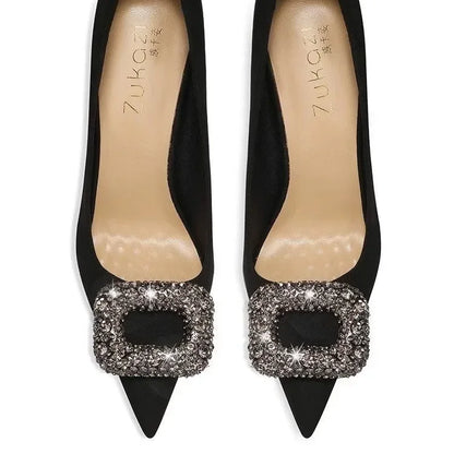 2025 Women's Summer New Luxury Crystal Square Buckle Design Sexy Pointed Stilettos Elegant Banquet Dress Party Shoes Plus Size