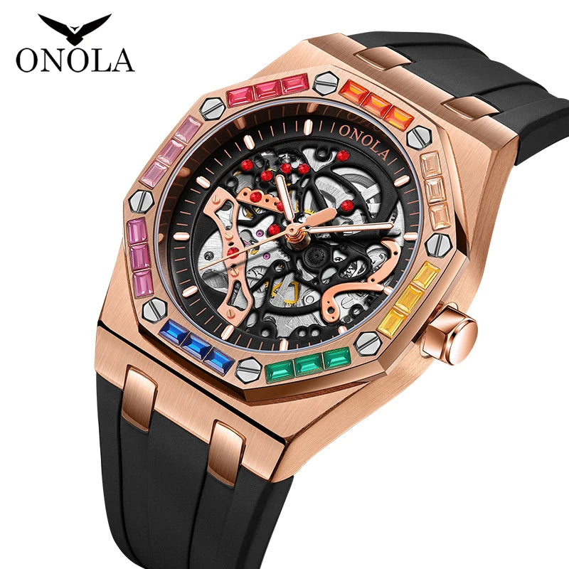 ONOLA 3834 Luxury Diamond Set Design Men's Automatic Mechanical Watch Fashion Hollow Sports Silicone Strap Watches for Man