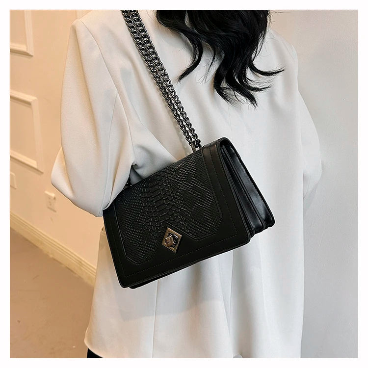 Leather Shoulder Bag Chain Purse for Women - Fashion Crossbody Bags Vintage Snake Print Underarm Bag Square Satchel Handbag