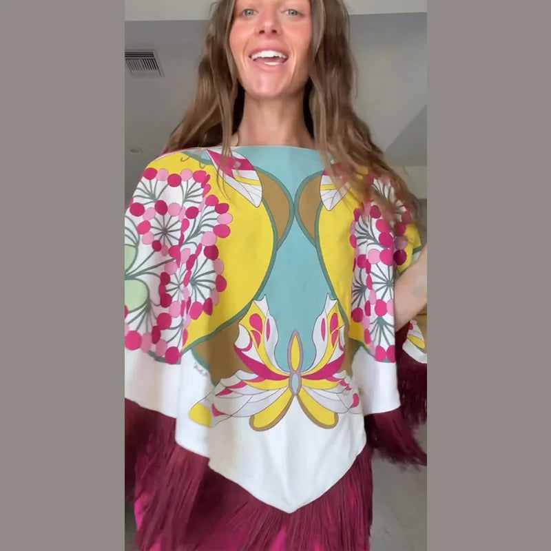 Elegant Printed Women's Shawl Fringed O-Neck Irregular Lady Cape 2026 Spring Summer Fashion Female Tassels Street Wear