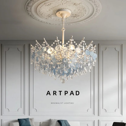 French Luxury LED Pendant Lights Blue White Natural Shell Crystal Chandelier Lamps for Romantic Living Dining Bedroom Home Decor