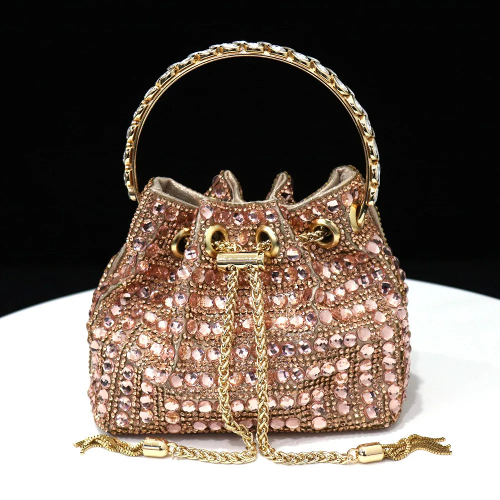 Elegant Multicolor Rhinestone Slingback Heels & Bucket Bag Set Luxury Crystal Matching Kit for Wedding Party Evening Bridal Form