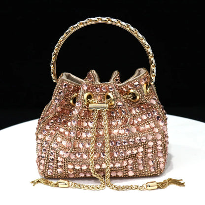 Elegant Multicolor Rhinestone Slingback Heels & Bucket Bag Set Luxury Crystal Matching Kit for Wedding Party Evening Bridal Form
