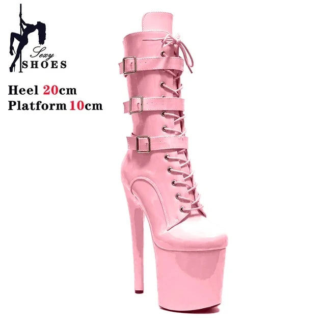 Sexy Knight Female 8Inch High Heel Platform Ankle Boots for Women Autumn Winter Shoes 20cm Black Buckle Strap Pole Dancing Boots