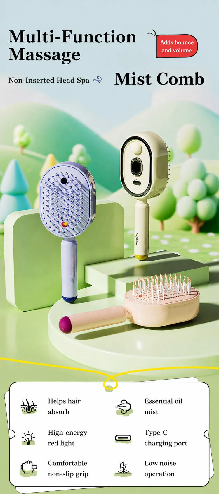 Electric Spray Hair Brush Leave-In Essential Oil Hair Care Red Light Comb Scalp Massage Reduce Frizz Smoothing Air Cushion Comb