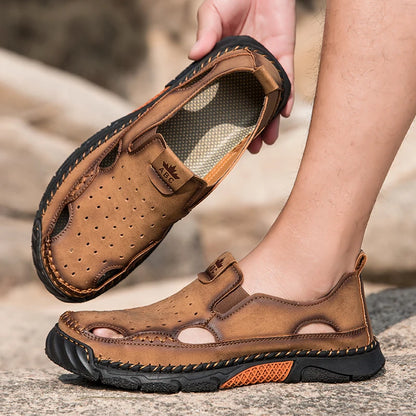 Mens Sandals New Comfortable Slip-on Casual Footwear Plus Size Elastic Soft Sole Lightweight Handmade Leather Walking Sandals