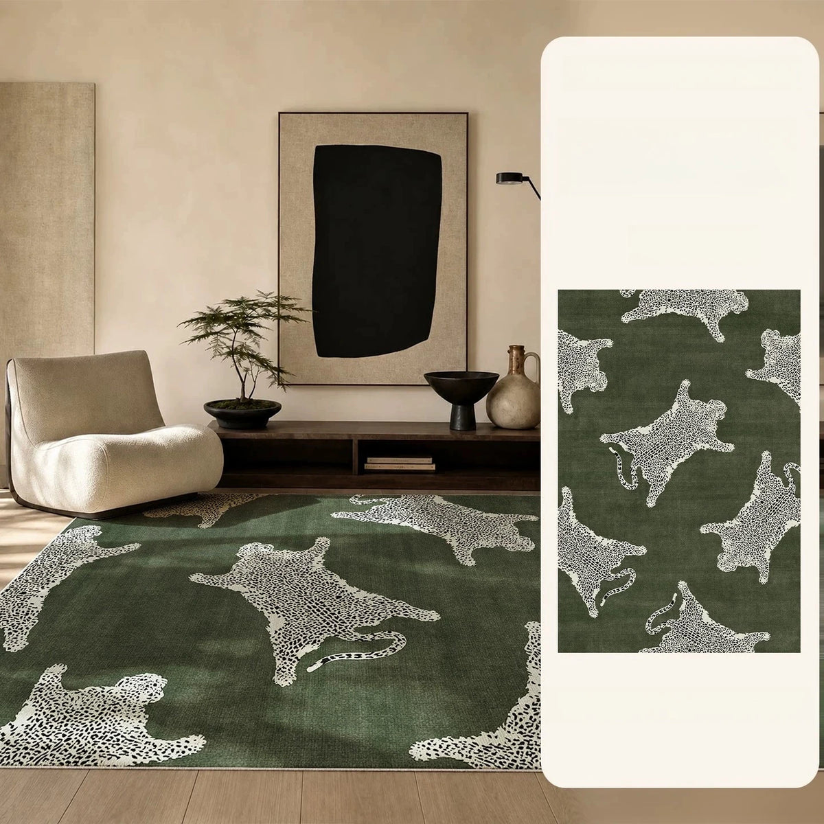 Large Area Bedroom Decor Green Carpet Retro Style Rugs for Bedroom Washable Lounge Leopard Print Floor Mat Anti-slip Bedside Rug