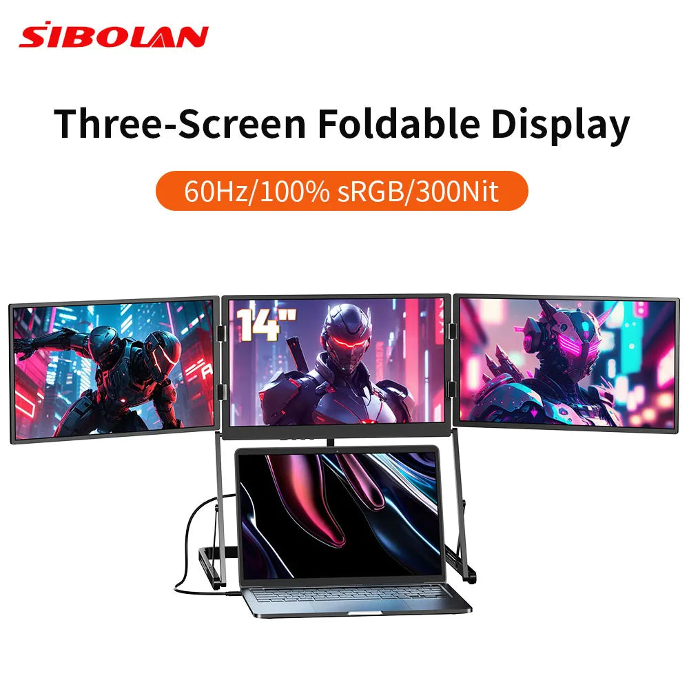 Sibolan 14" Tripe Laptop Screen Extender 60Hz 100% sRGB Metal Body HDMI USB-C Plug Three Screen Portable Monitor For mac OS Win