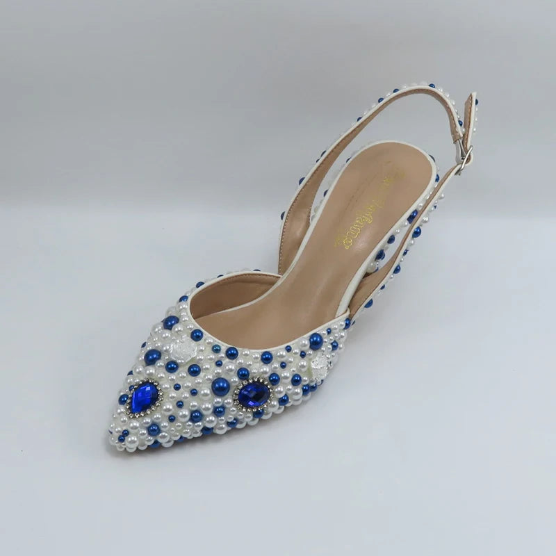 BaoYaFang Green Pointed Toe Pearl Bridal Wedding Shoes and Bag Thin Heel Slingbacks Female Ladies Party Shoe Shallow Women Shoes