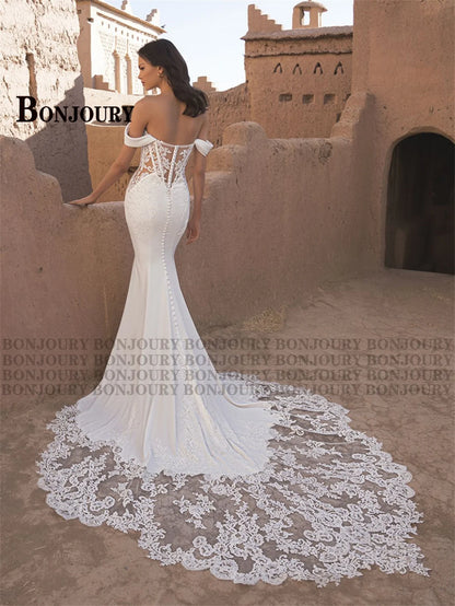 BONJOURY Elegant Wedding Dresses for Bride Off the Shoulder Appliques Trumpet Zipper Court Train Abito Da Sposa Customized