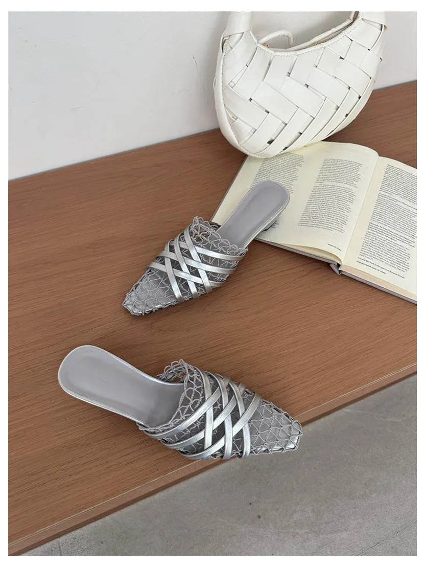 2026 Summer Luxury Fashion Designer Slippers Women Lace Mesh Square Toe Slip On Mule Slippers Low Heel Sandal Casual Shoes Muje