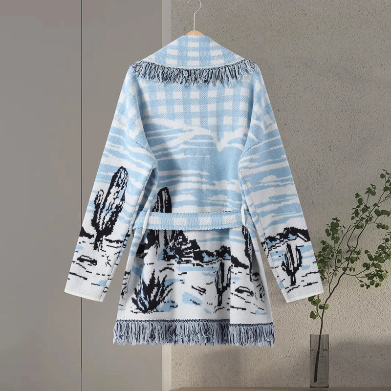 Casual Print Knit Cardigan Women V Neck Long Sleeves Tassels Belts Loose Sweater Female 2026 Autumn Winter Chic Warm Knitwears