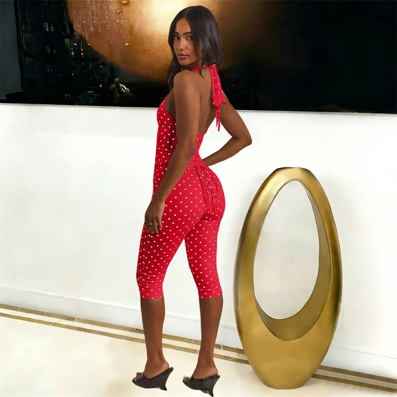 Doyerl Polka Dot One Piece Jumpsuits for Woman Club Outfits Halter V-neck Backless Lace-up Bandage Corset Bodycon Romper Mono