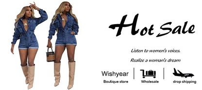 Fashion Blue Bodycon Denim Short Playsuits Women's Long Sleeve Washed Cargo Pocket Jumpsuits Streetwear Overalls Autumn Rompers