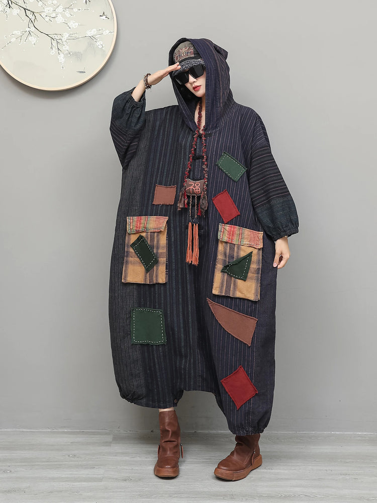 Unique Vintage-style Patchwork Jumpsuit Women Autumn Loose Hooded Long Sleeves Overalls LX6788
