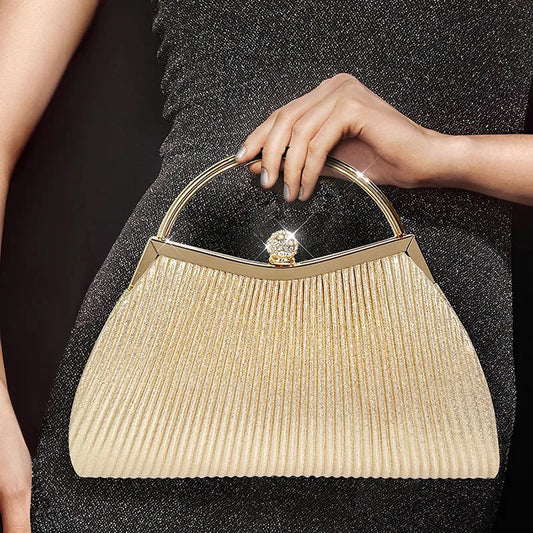 Pleated Evening Handbag Women Top Handle Glitter Day Clutch Ladies Wedding Dinner Dressed Clip Bag Diamond Party Purse Gold