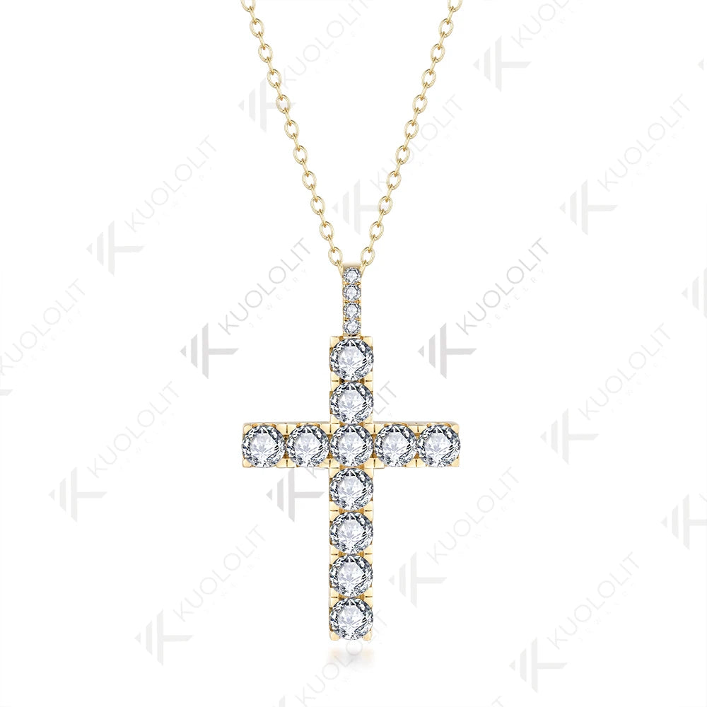 Kuololit 3.36ctw Cross Chain Moissanite Pendants for Women Solid 925 10K Sterling Silver Handset Luxury Necklace for Engagement
