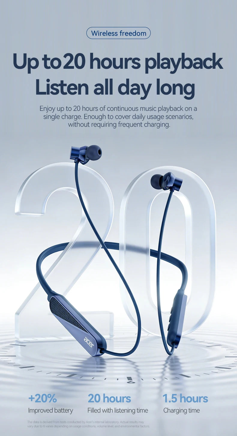 Acer Ohr561 Wireless Neckband Bluetooth Headphones, In-Ear Design, Comfortable to Wear, Bluetooth 5.4 Chip with Low Power Consumption, 20 Hours of Long-Lasting Battery Life, Dedicated for Sports and Running