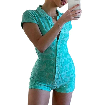 Women Y2K Furry Letter Pattern Button Front Romper Jumpsuit Casual Collared Short Sleeve Bodycon Romper Jumpsuit Pjs Sleepwear