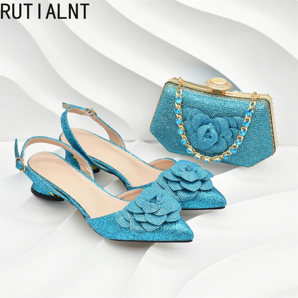 New Arrival Nigerian Women Heel Party Ladies Italian Design Shoes and Bag Set with Rhinestone Wedding Party Luxury Shoes Women