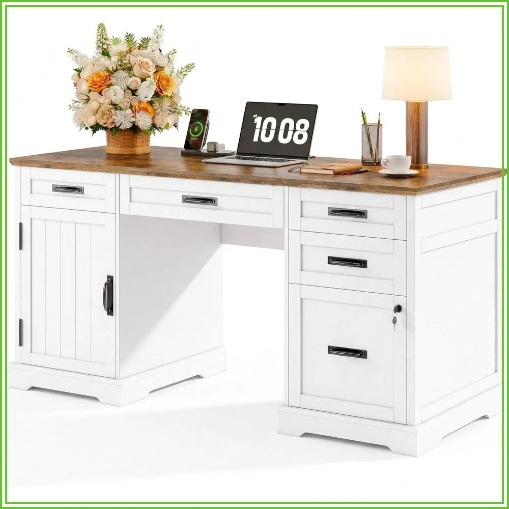 Whalefall 55'' Farmhouse Desk Home Office with Drawers, White