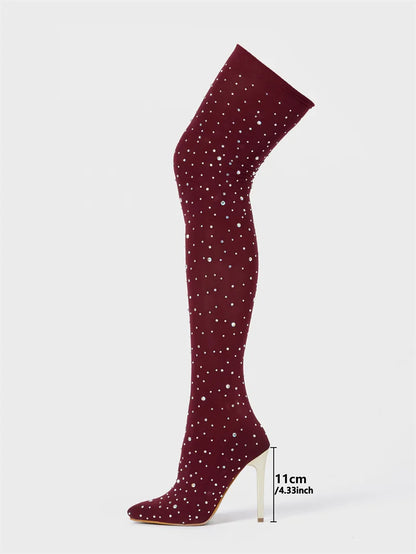 Liyke Sexy Pointed Toe Crystal Rhinestone Stretch Fabric Thigh High Boots Women Thin Heels Over The Knee Socks Shoes Size 35-43