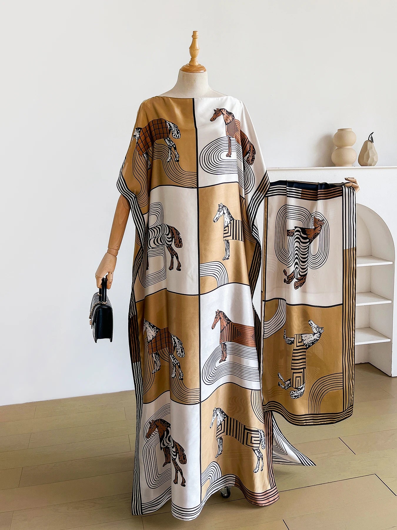 Luxury Horse Print Silk Satin Abaya Set With Matching Hijab Scarf, Loose Batwing Maxi Kaftan Dress For Muslim African Women