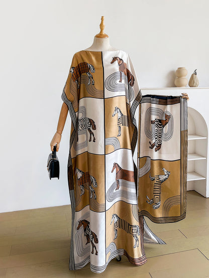 Luxury Horse Print Silk Satin Abaya Set With Matching Hijab Scarf, Loose Batwing Maxi Kaftan Dress For Muslim African Women