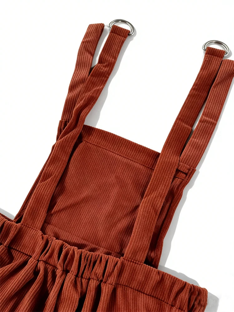 Women Casual Jumpsuit Corduroy Wide Shoulder Straps Button Detail Solid Color Relaxed Fit Autumn Winter Hand Wash Only