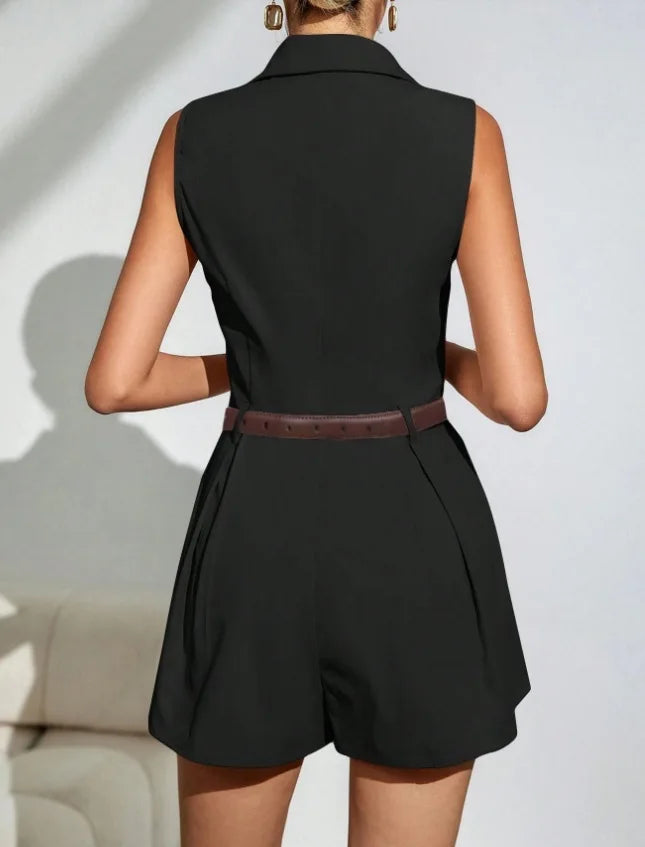 Jumpsuits Women Summer Rompers One Piece Wide Leg Shorts Sleeveless Turn Down Collar 2025 Office Lady Overalls Short Pants