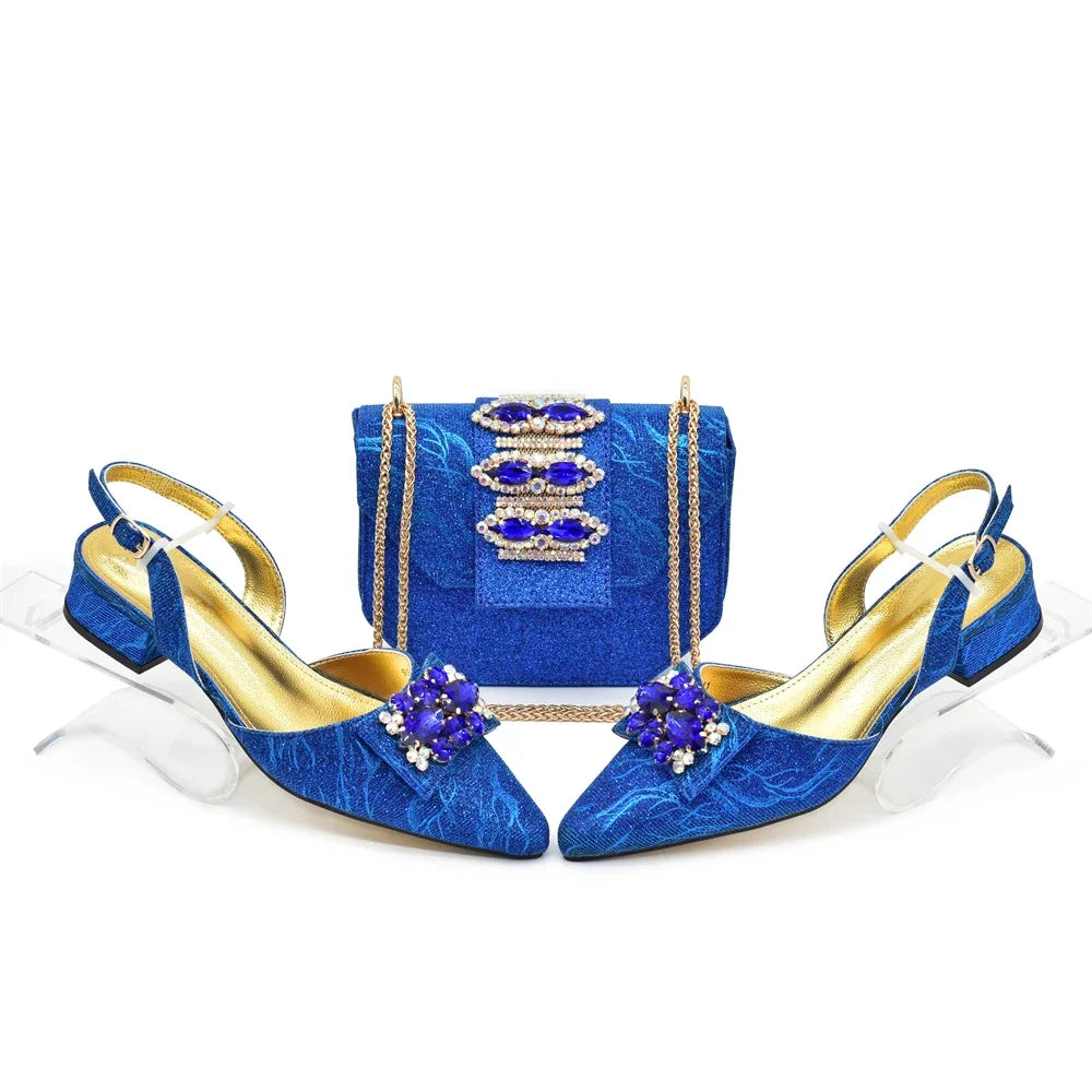 Designer Shoe and Bag Sets From Italy Luxury Rhinestone African Women Shoes and Bags Italy Low Heels Pointed Toe Woman Pumps