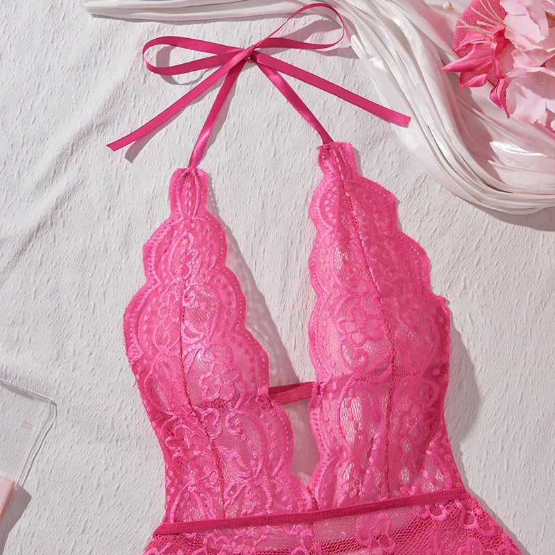 New Sexy Crotchless Rose Sexy Lingerie Women Lace Hollow Bodysuit Teddy Babydoll Dress Deep V Open Bra Porno Set Erotic Pajamas