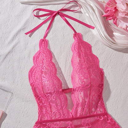 New Sexy Crotchless Rose Sexy Lingerie Women Lace Hollow Bodysuit Teddy Babydoll Dress Deep V Open Bra Porno Set Erotic Pajamas