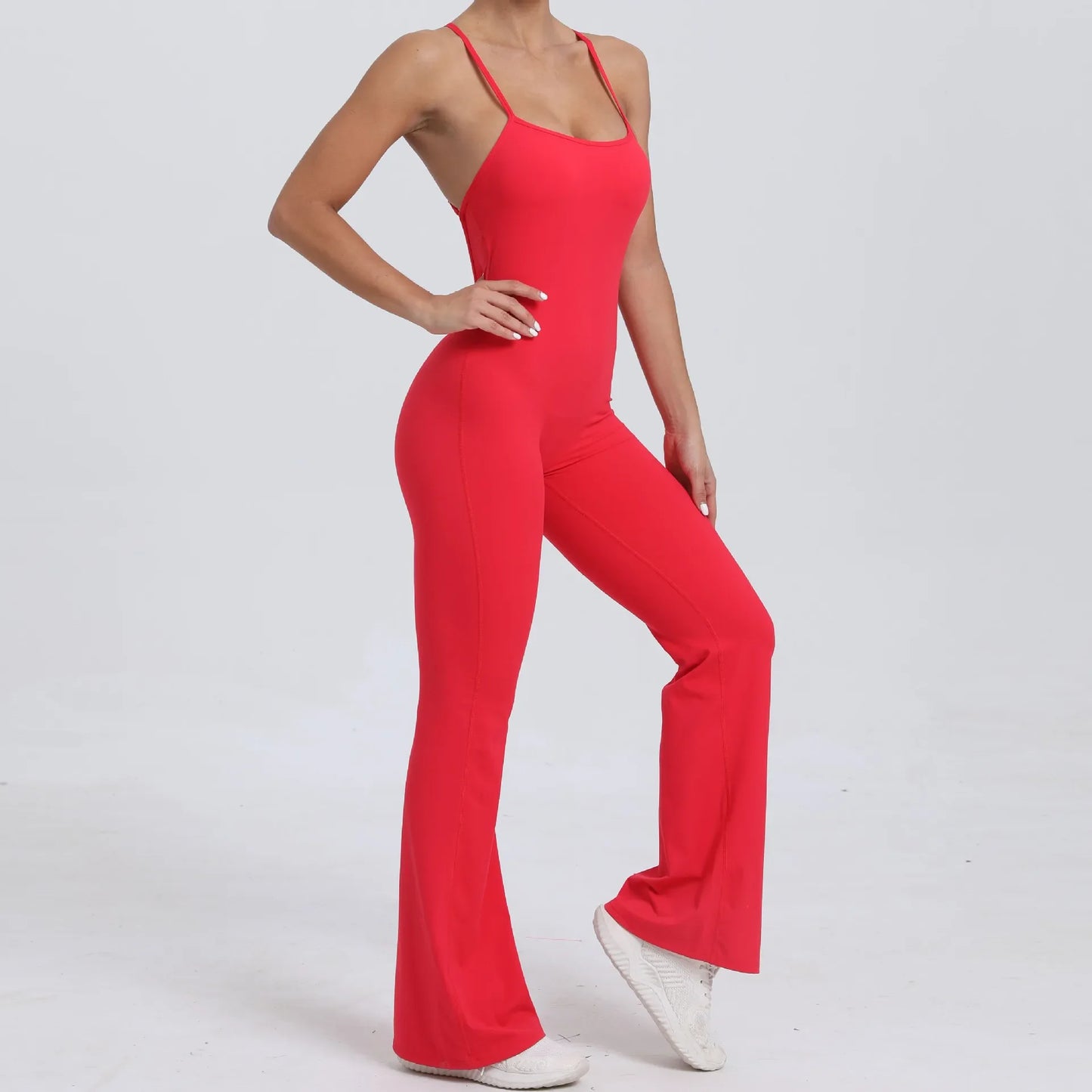 Sports Overalls for Women Sportswear Flared Jumpsuit Woman Padding Jumpsuits Gym Combinaison Femme Coffee Gray Navy Blue Red