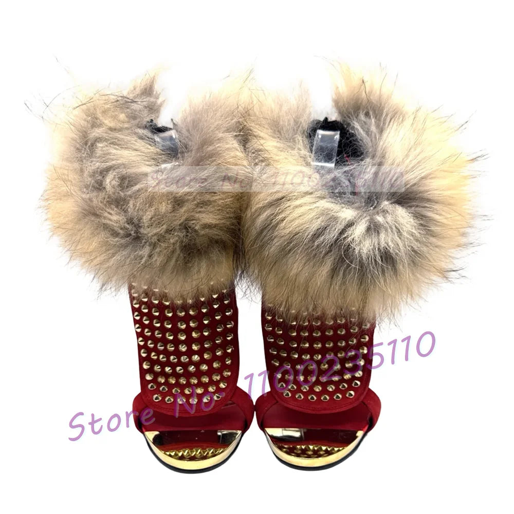 Red Suede Rivets Fur Wrap Sandals With Gold Toe Women Thin High Heel Stylish Novelty Shoes Women Open Toe Back Zipper Sandals