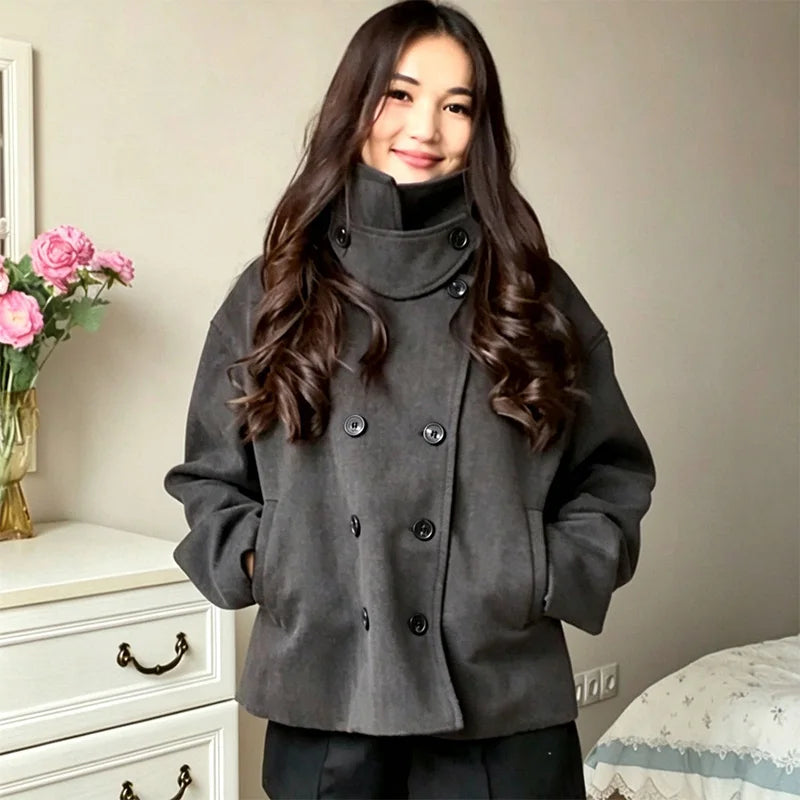 Winter Women's Black Fall Winter Double Breasted Belted Coat High Neck Long Sleeve Short Peacoat Elegant Casual Warm Outerwear