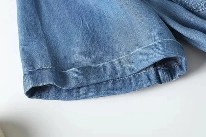 Jumpsuits Women Denim One Piece Turn Down Collar Short Sleeve Loose Casual Wide Leg Long Pants Overalls Tight Waist Rompers