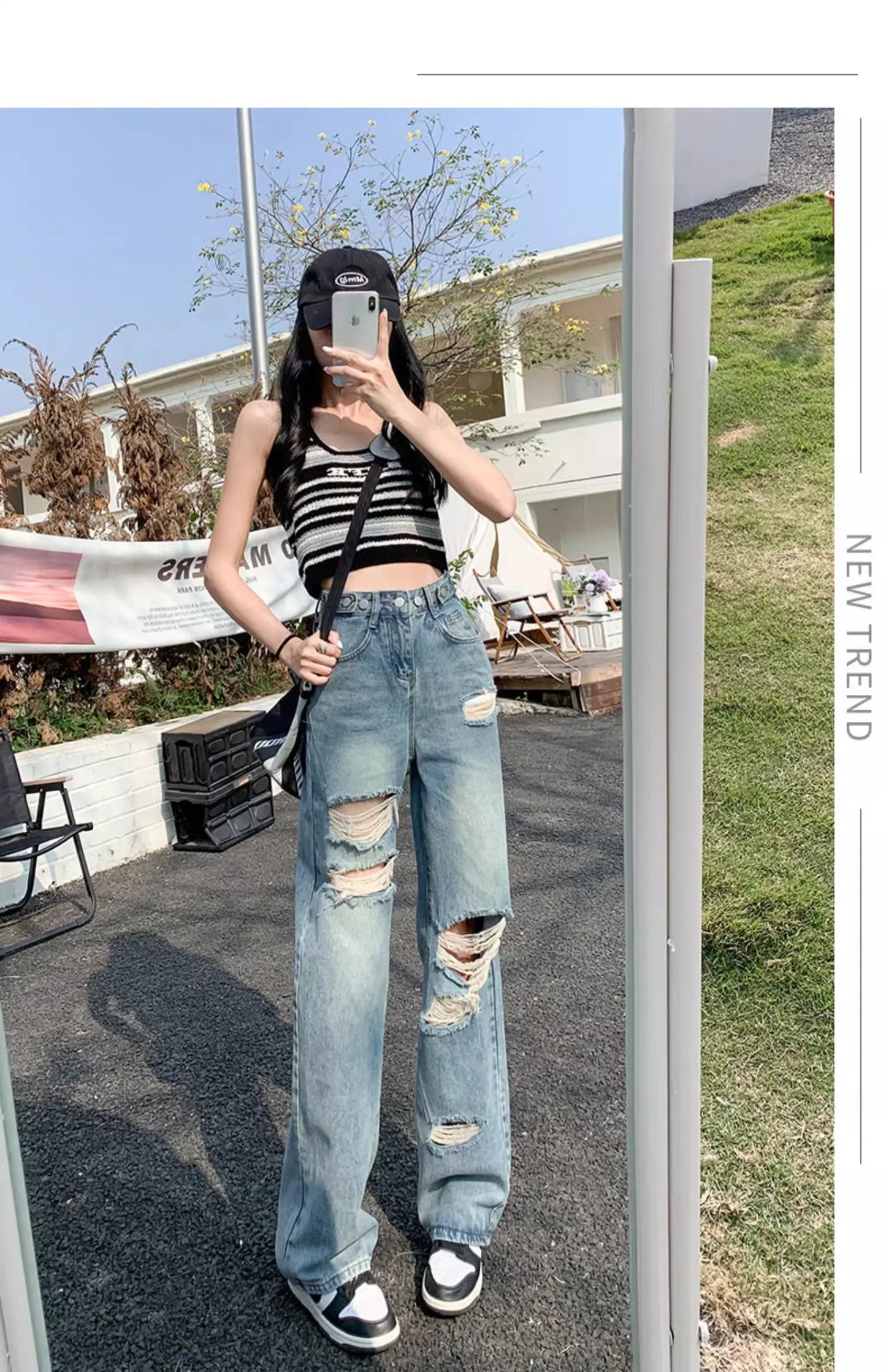 Trendy Ripped Straight Leg Jeans Women's Spring Summer High Waist Loose Wide Leg Pants Slimming Design Casual Denim Jeans