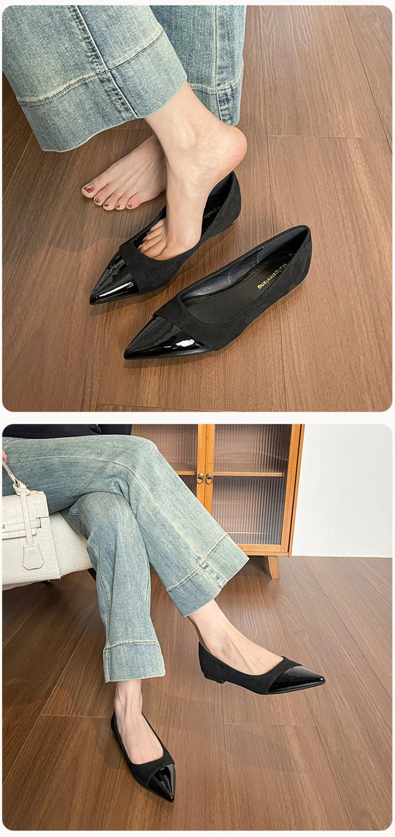 Women French Pointed Toe Flat Shoes Summer Fairy Style Patchwork Casual Shoes Elegant Shallow Footwear Matching Dresses Daily