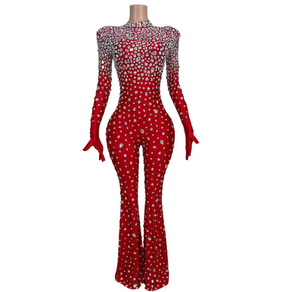 Sexy Long Sleeves Rhinestone Wide Leg Jumpsuit Women Birthday Evening Party Banquet Bodycon Rompers Plus Size Club Bodysuits