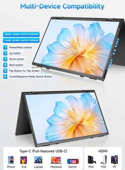 UPERFECT 15.6" Stacked Foldable Dual Monitor FHD 100% SRGB Laptop Screen Extender IPS HDR Travel Portable Monitor for Laptop PC Windows Mac OS Built-in Kickstand