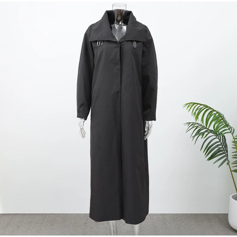 Women Black Long Solid Color Trench Coat Stand Collar Loose Drop Shoulder Single-breasted Windbreaker Lady Commute Outing Wear