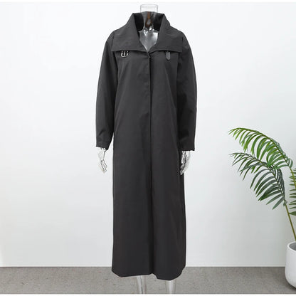 Women Black Long Solid Color Trench Coat Stand Collar Loose Drop Shoulder Single-breasted Windbreaker Lady Commute Outing Wear