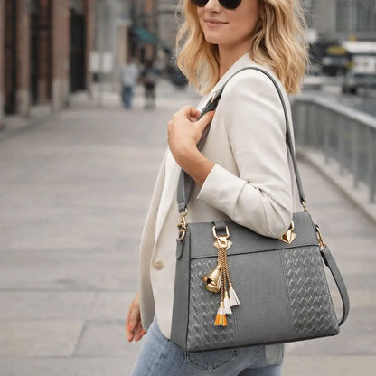 Casual PU Leather Shoulder Bags with Pendant Solid Color Ladies Handbags Large Capacity Embossed Crossbody Bag